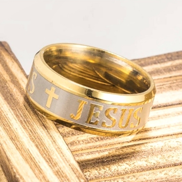 Gold Stainless Steel JESUS Insignia Emblem Embossed Engraved 8mm 8mm Band Ring - Picture 11 of 16